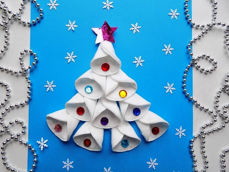 Детские поделки из ватных дисков на Новый год. Делаем ЕЛОЧКИ, Открытки, снежинки и ангелочков